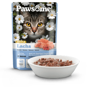 Pawsome Katzen-Nassfutter Adult Light Lachs, 85g Packung und Schale mit Futter.