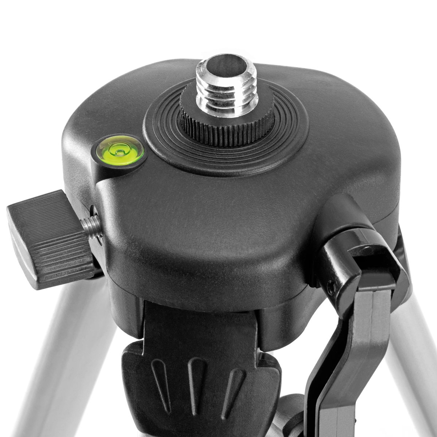 Detailaufnahme: STAHLWERK Universal-Stativ für Kreuzlinienlaser mit Nivellierlibelle und Stativkopf.