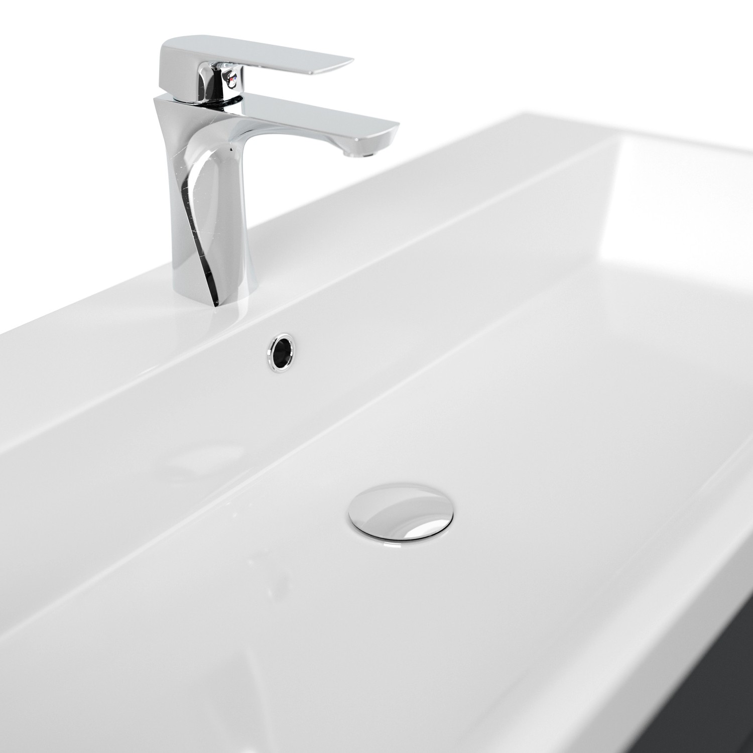 Detailaufnahme: Weißes Waschbecken mit Armatur des Posseik Badmöbel Fellini 100 in Grafit.