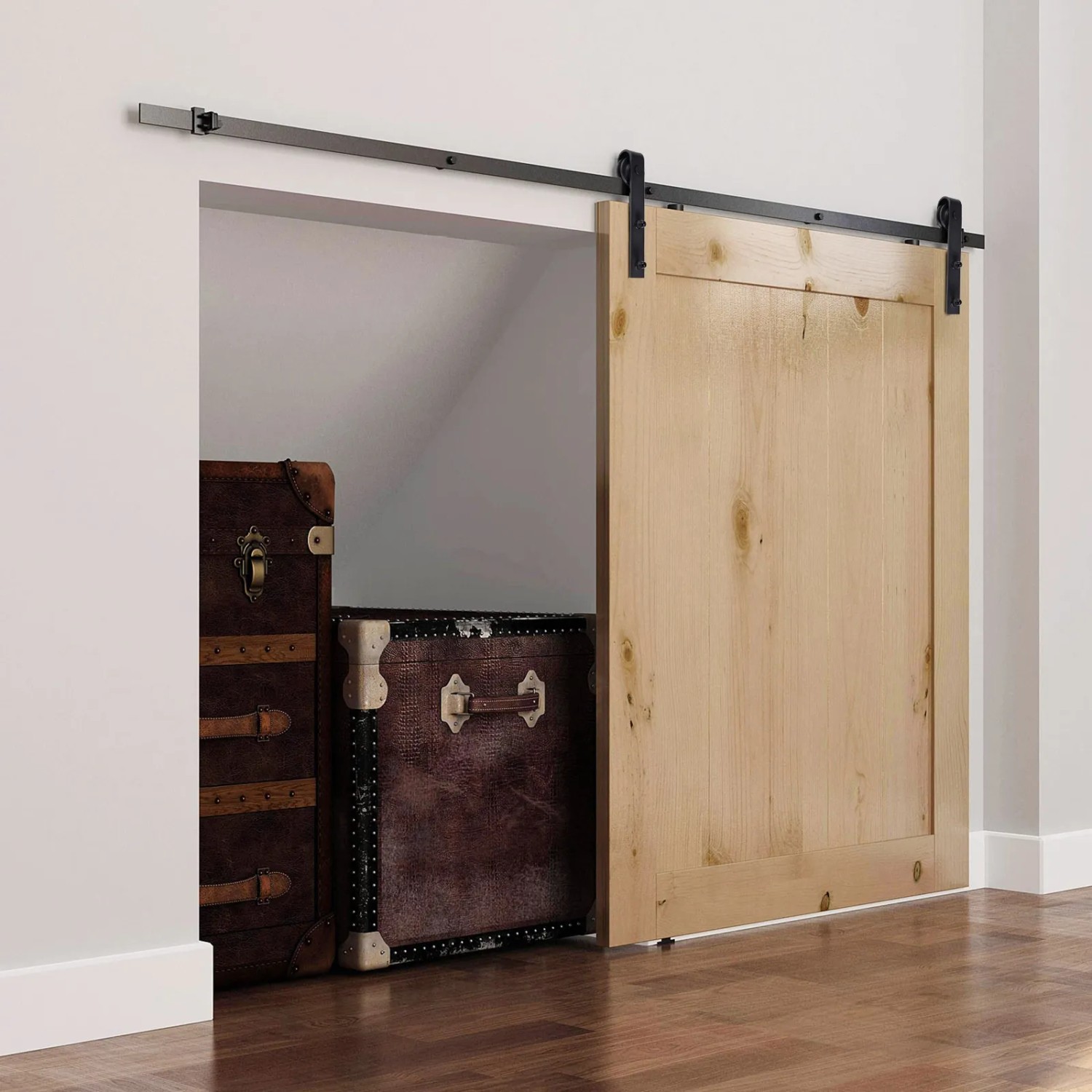 HOMCOM Schiebetür-Beschlagsatz aus Kohlenstoffstahl, schwarz, mit Holztür. Schiebetürsystem.