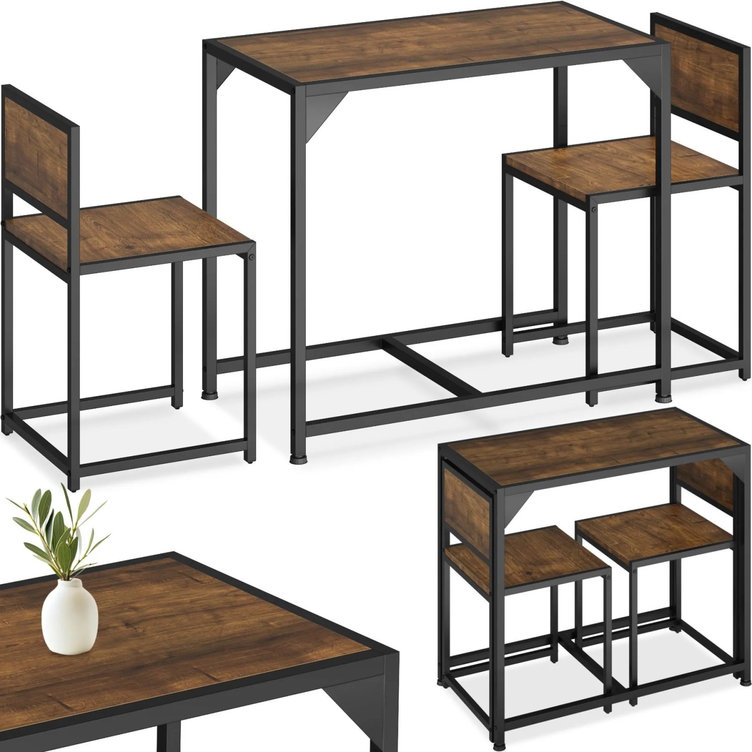 Tectake Sitzgruppe Milton 3 Teilig Esstisch Mit 2 Stühlen  91 x 48 x 77 cm Industrial Holz Dunkel  Rustikal