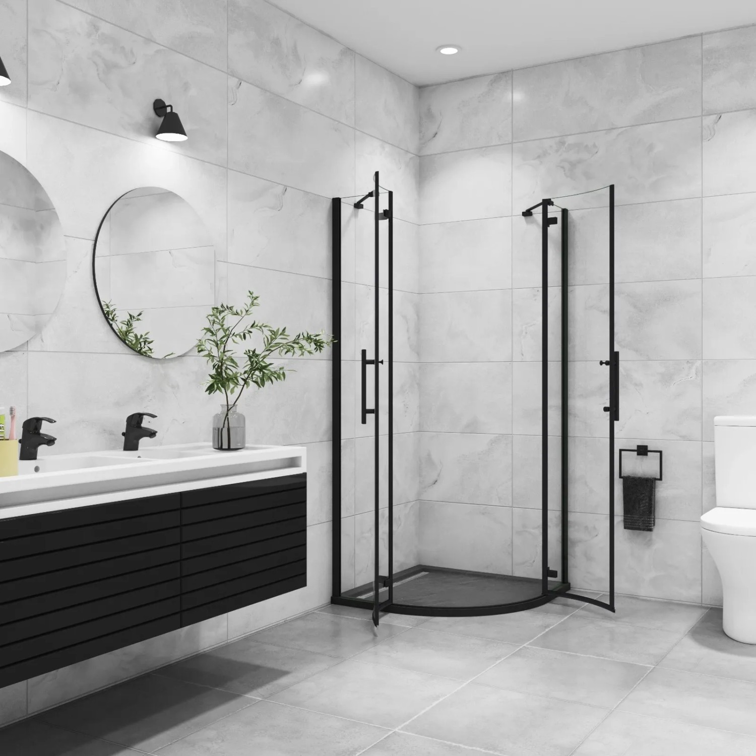 Schwarze AICA Runddusche 90x90 mit Duschabtrennung aus 6mm ESG Sicherheitsglas.