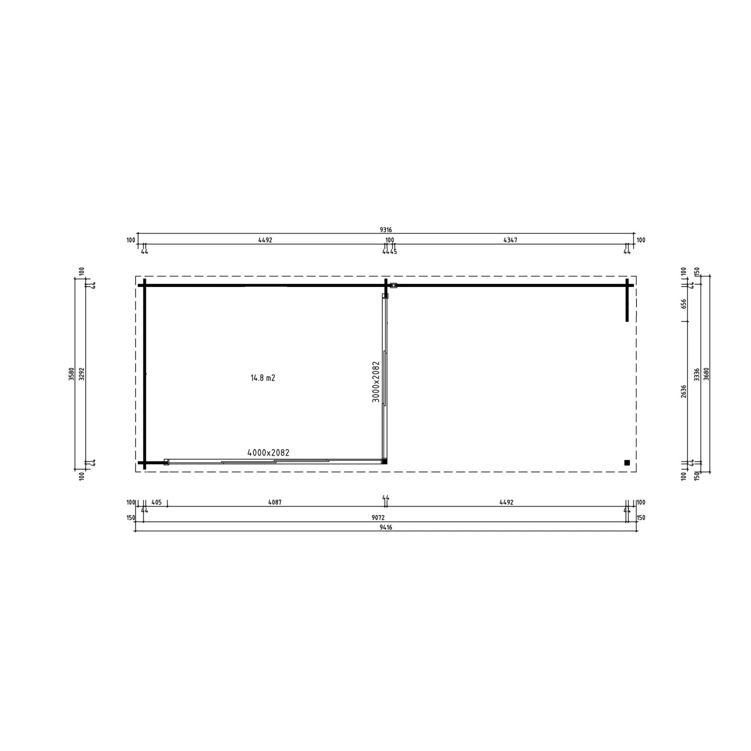 Grundriss Gartenhaus Fjordholz Alu Concept 44 A mit Anbau, Maße und Flächenangaben.