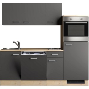 Flex-Well Singleküche Morena, 210 cm, Basaltgrau/San Remo Eiche, mit E-Geräten und Spüle.