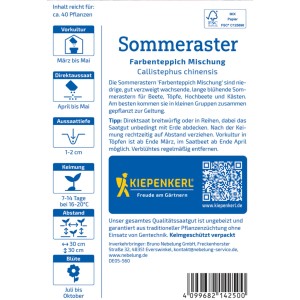 Kiepenkerl Sommeraster Farbenteppich Mischung Saatgutpackung mit Infos zu Aussaat und Blütezeit.