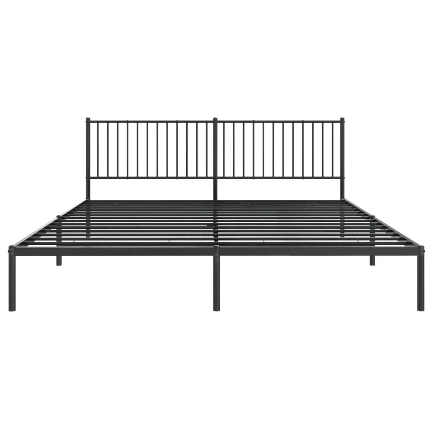 Schwarzes Metall Bettgestell mit Lattenrost und Kopfteil, geeignet für Matratzen 193x203 cm.