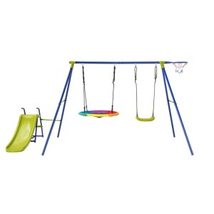Costway 4-in-1 Schaukelset mit Rutsche, Nestschaukel, U-förmiger Schaukel und Basketballkorb.