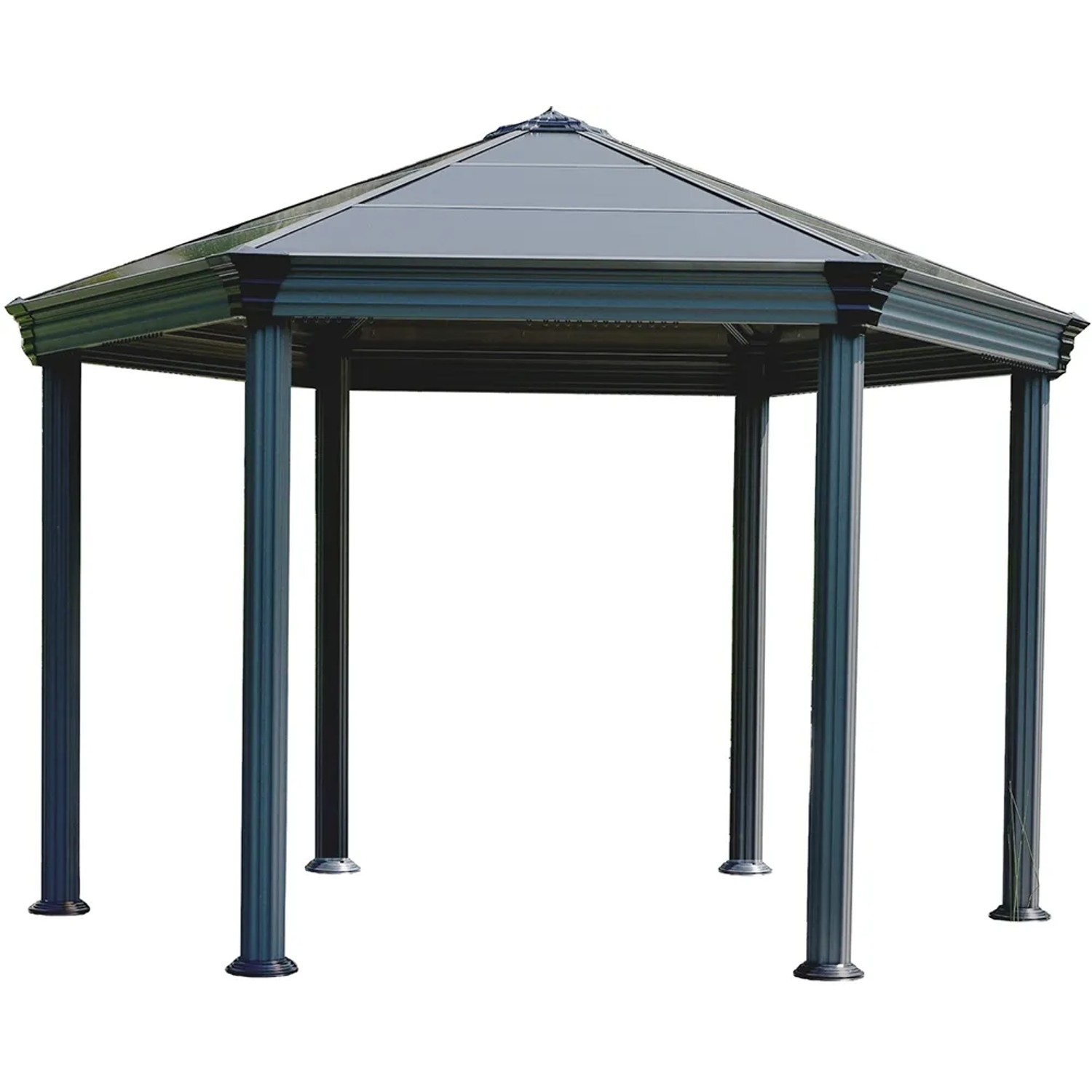 Anthrazitfarbener Palram Canopia Roma Gartenpavillon 4x3.6 mit LED-Set.