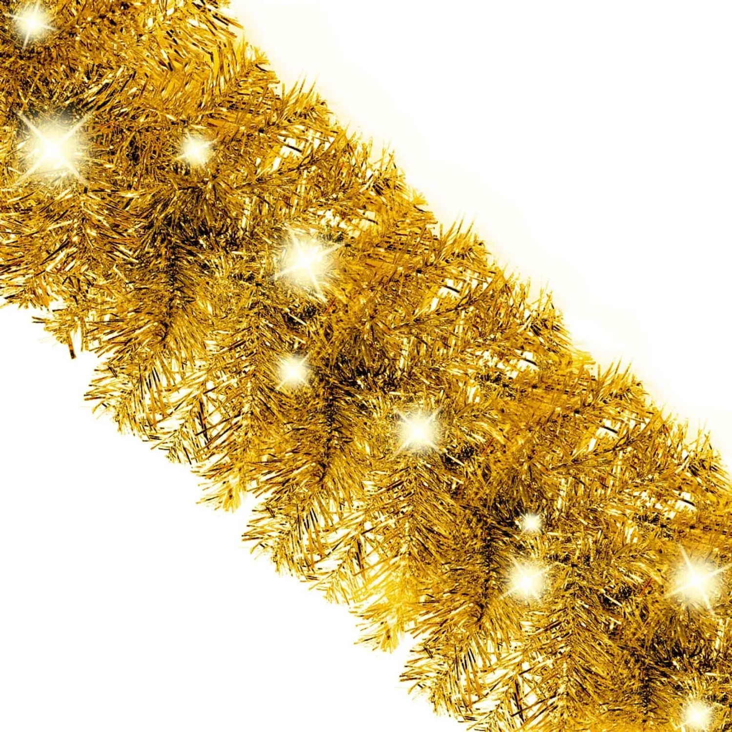 Goldene Weihnachtsgirlande mit glitzernden Zweigen und leuchtenden LEDs. Festliche Weihnachtsdekoration.
