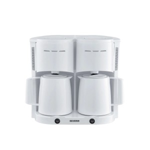 Weiße Severin Duo-Filterkaffeemaschine KA 9314 mit zwei Thermokannen für gleichzeitige Kaffeezubereitung.
