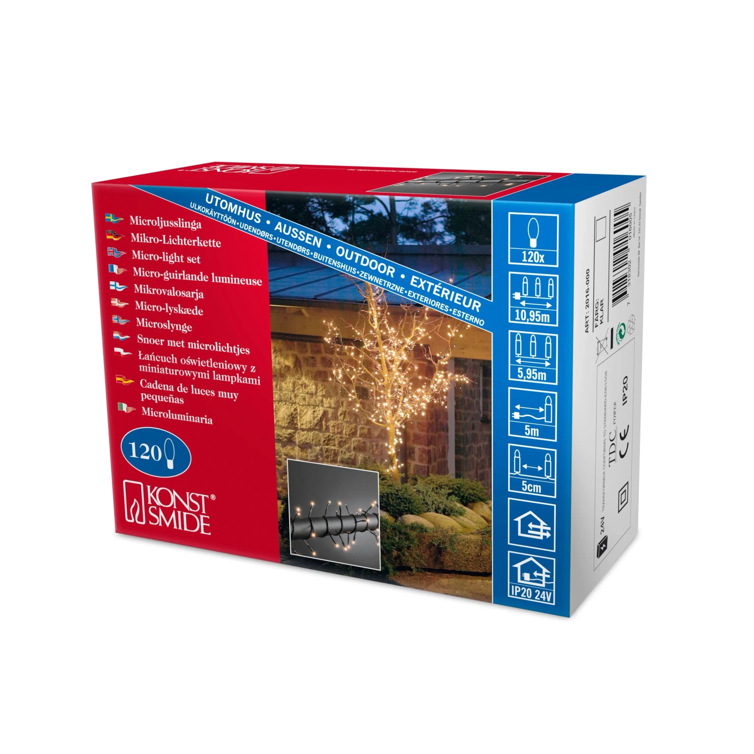 Konstsmide Micro-Lichterkette mit 120 warmweißen Lichtern für Innen & Außen, Verpackung.