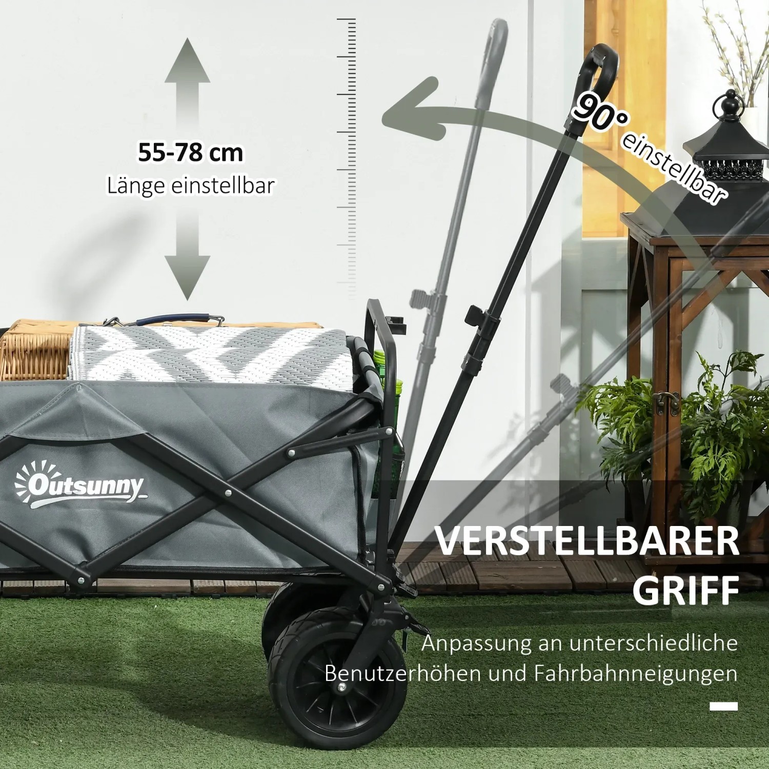 Outsunny Gartenwagen, grau, mit verstellbarem Griff. Ideal für den Transport im Garten.