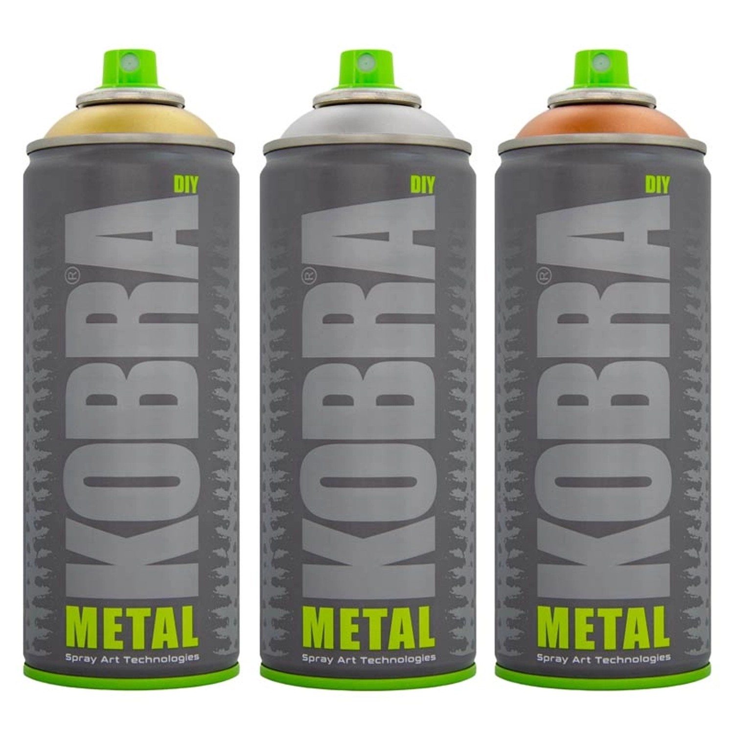 Drei Kobra DIY Metallic Sprays 400ml in Gold, Silber und Kupfer glänzend.