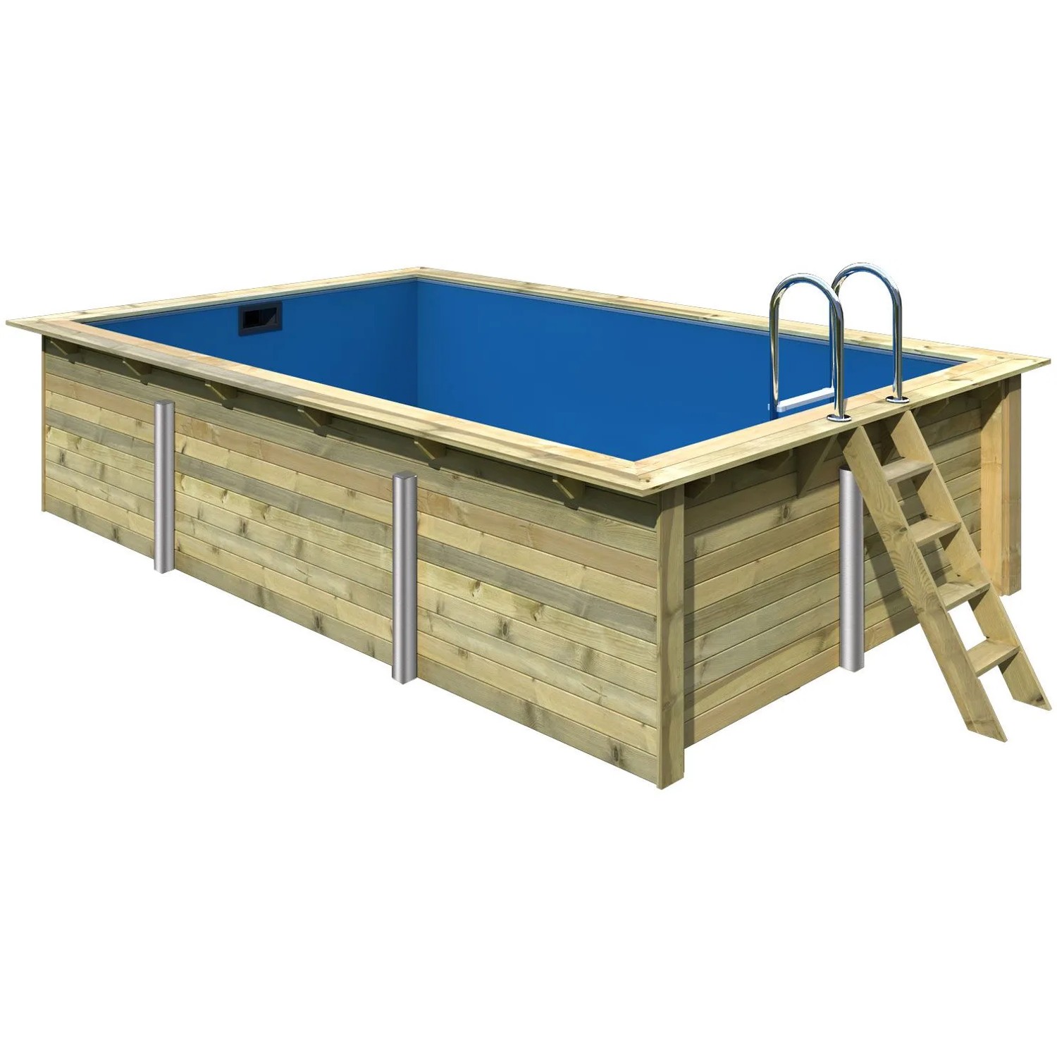 Karibu Holzpool Gr. 3 mit blauer Innenhülle und Leiter. Kesseldruckimprägniert für lange Haltbarkeit.