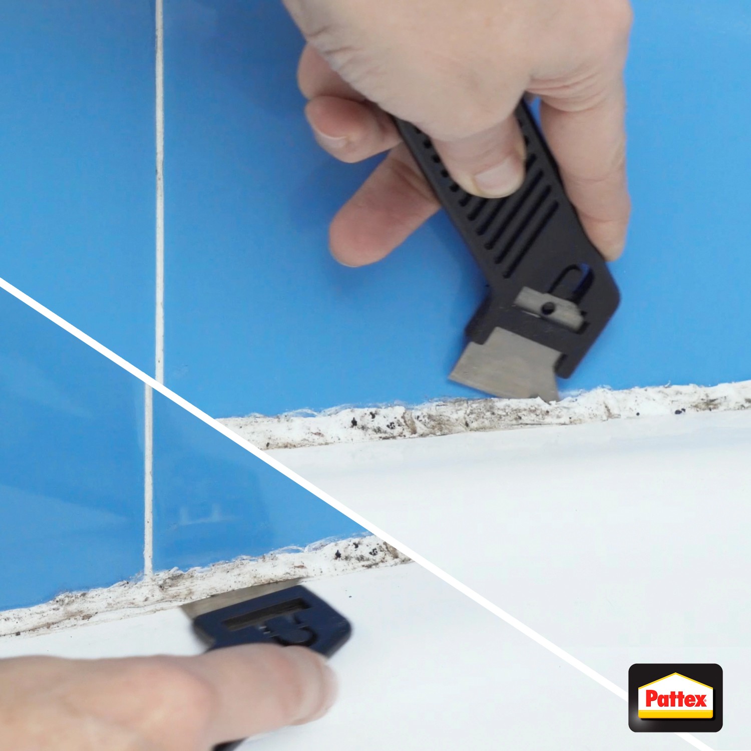 Pattex Fugenhai zum Entfernen alter Fugenmasse zwischen blauen und weißen Fliesen.