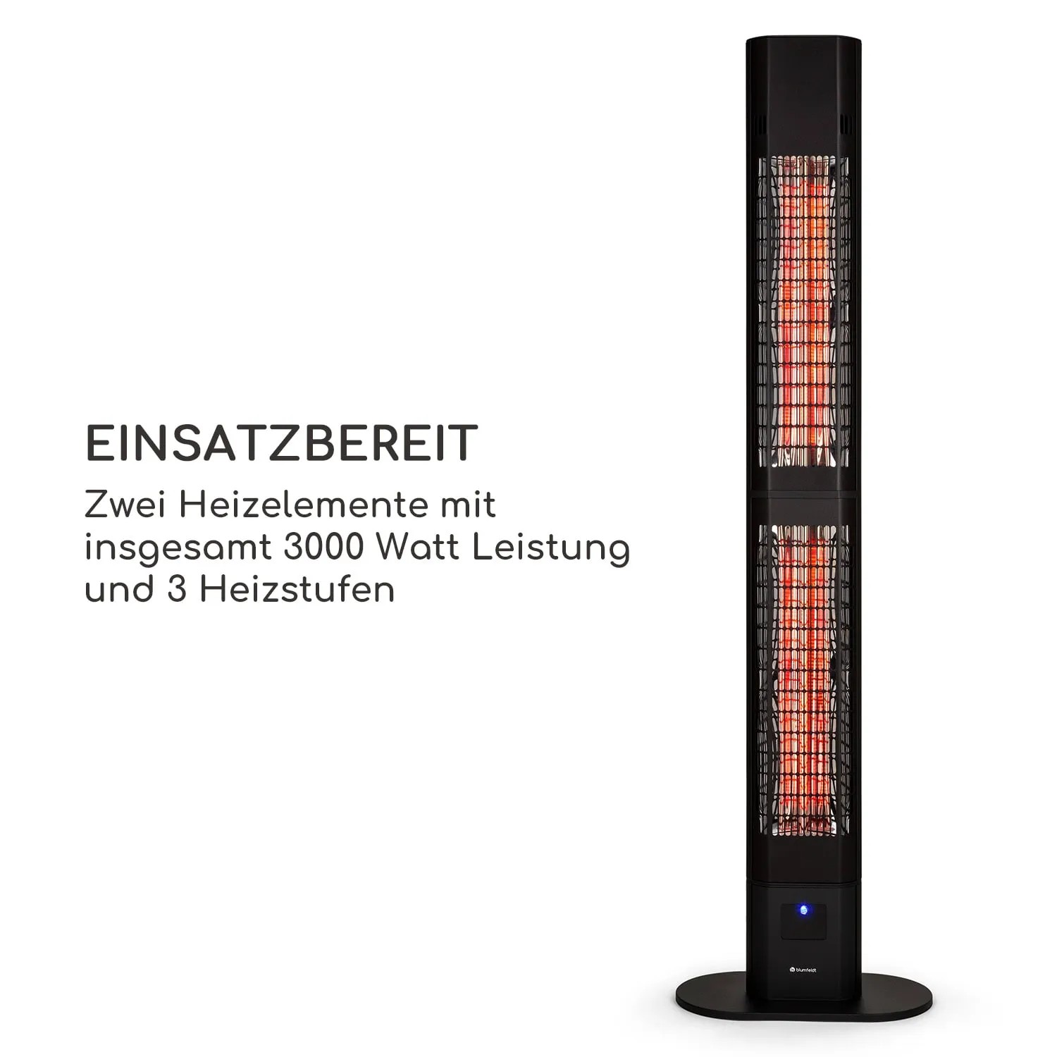 Schwarzer Blumfeldt Heat Guru Terrassenheizer mit 3000W und Fernbedienung.