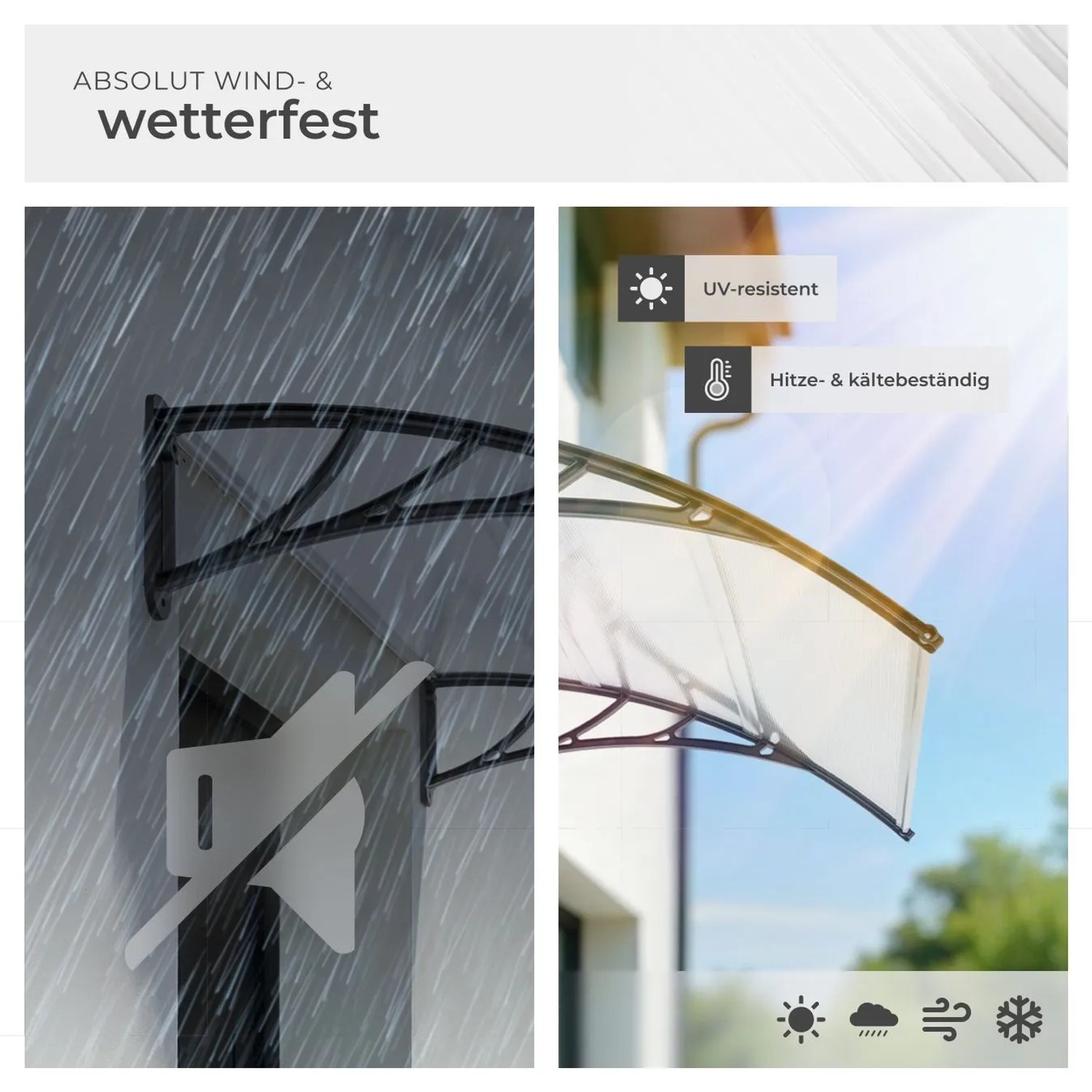 Transparentes Tectake Vordach in Bogenform, wetterfest und schlagfest.