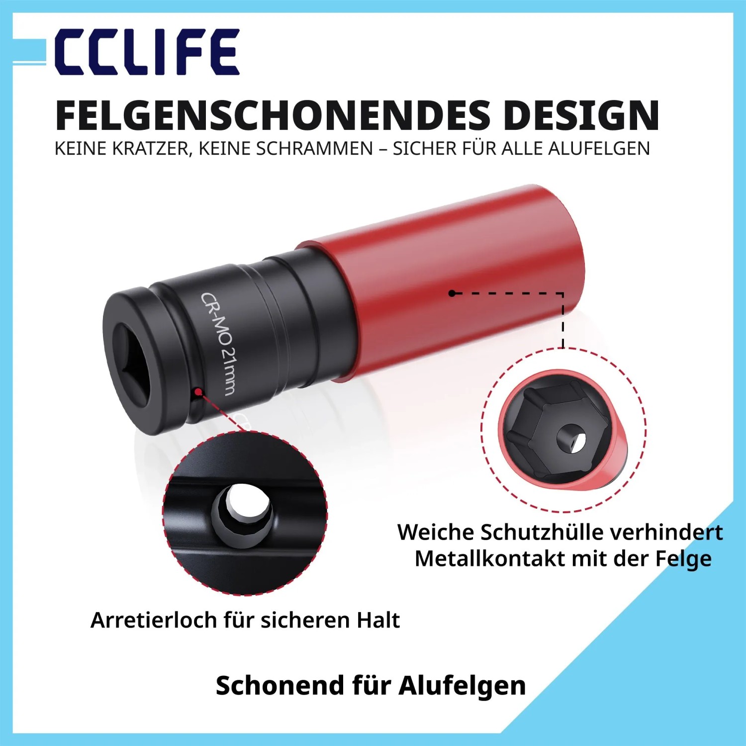 CCLIFE Kraft Stecknuss mit roter Kunststoffhülse. Schützt Alufelgen vor Kratzern beim Reifenwechsel. Cr-Mo Stahl.