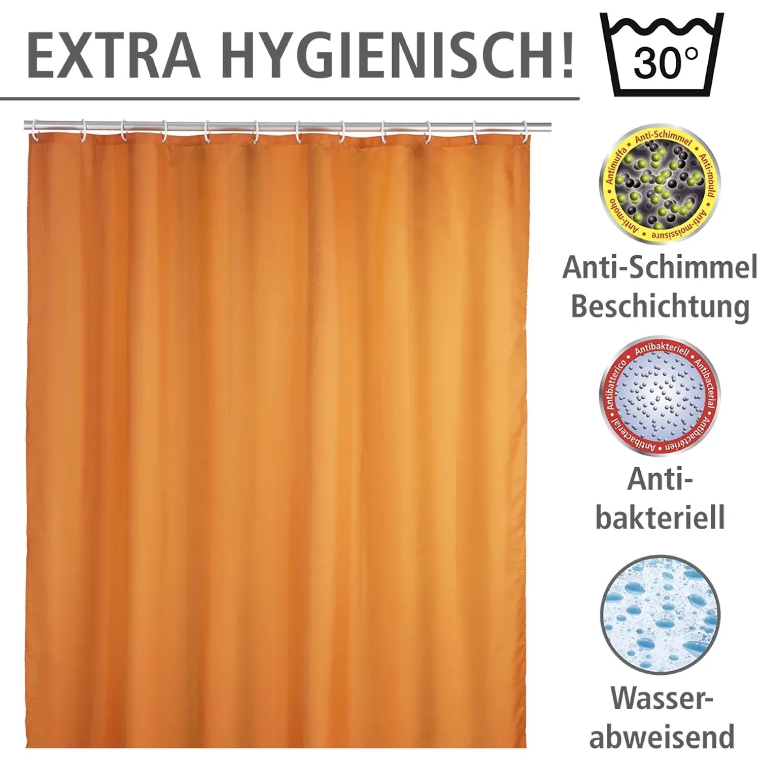 Oranger Wenko Anti-Schimmel Duschvorhang Uni, 180x200 cm, mit Aufhängeringen.