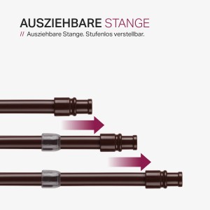Ausziehbare, braune Cafehausstange mit Klemmträger, geeignet für leichte Gardinen.