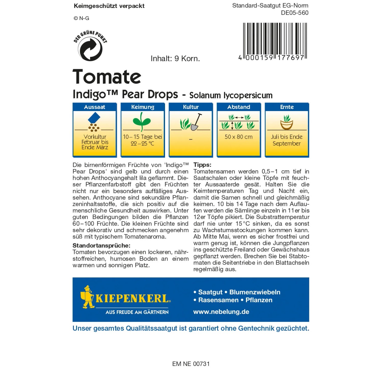 Samentüte Kiepenkerl Tomaten Indigo Pear Drops. Gelb-lila Tomatensamen für den Garten.