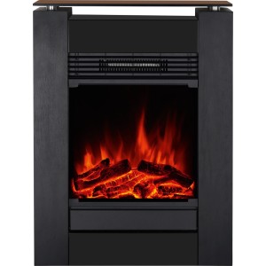 Schwarzer Elektro-Kamin Glasbury Fire mit Glasfront, LED-Flammeneffekt und Holzoptik. Moderner Elektrokamin.