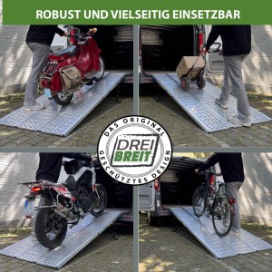 DREIBREIT 3-fach Auffahrrampe zum Verladen von Motorrad, Fahrrad und Transportwagen.