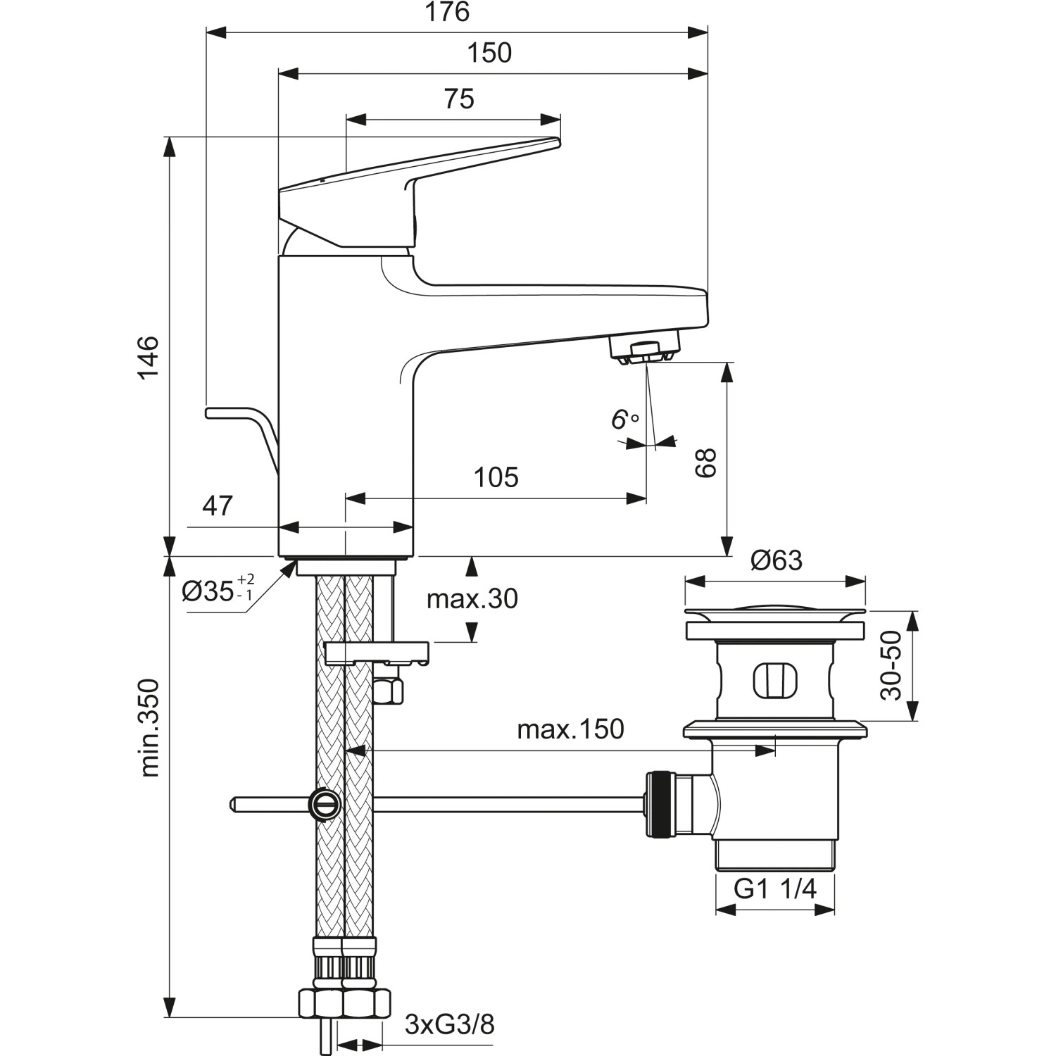 Technische Zeichnung: Ideal Standard Ceraplan Waschtischarmatur, Niederdruck, Chrom, H70. Maße und Anschlüsse dargestellt.