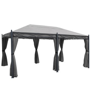 Graue MCW Pergola Calpe 5x3m mit Seitenwand und Moskitonetz als Terrassenüberdachung.
