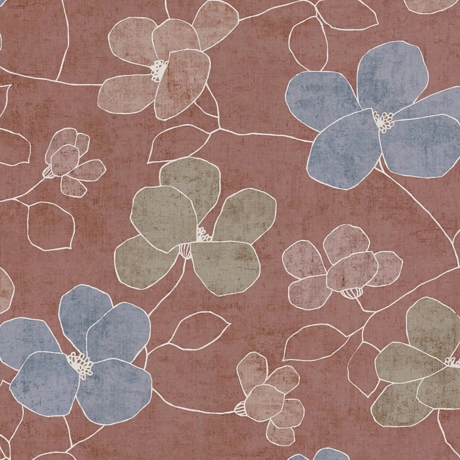 Image of PROFHOME 791471-GU Blumen Tapete Floral Rot Blau Braun-Beige Oliv-Grün 0,53 m x 10,05 m 5,33 m2