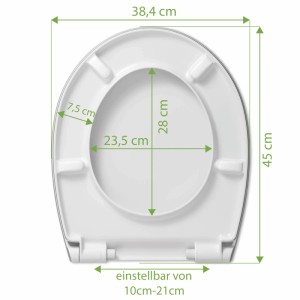 Weißer Premium WC-Sitz mit Absenkautomatik und Maßangaben für die Montage.