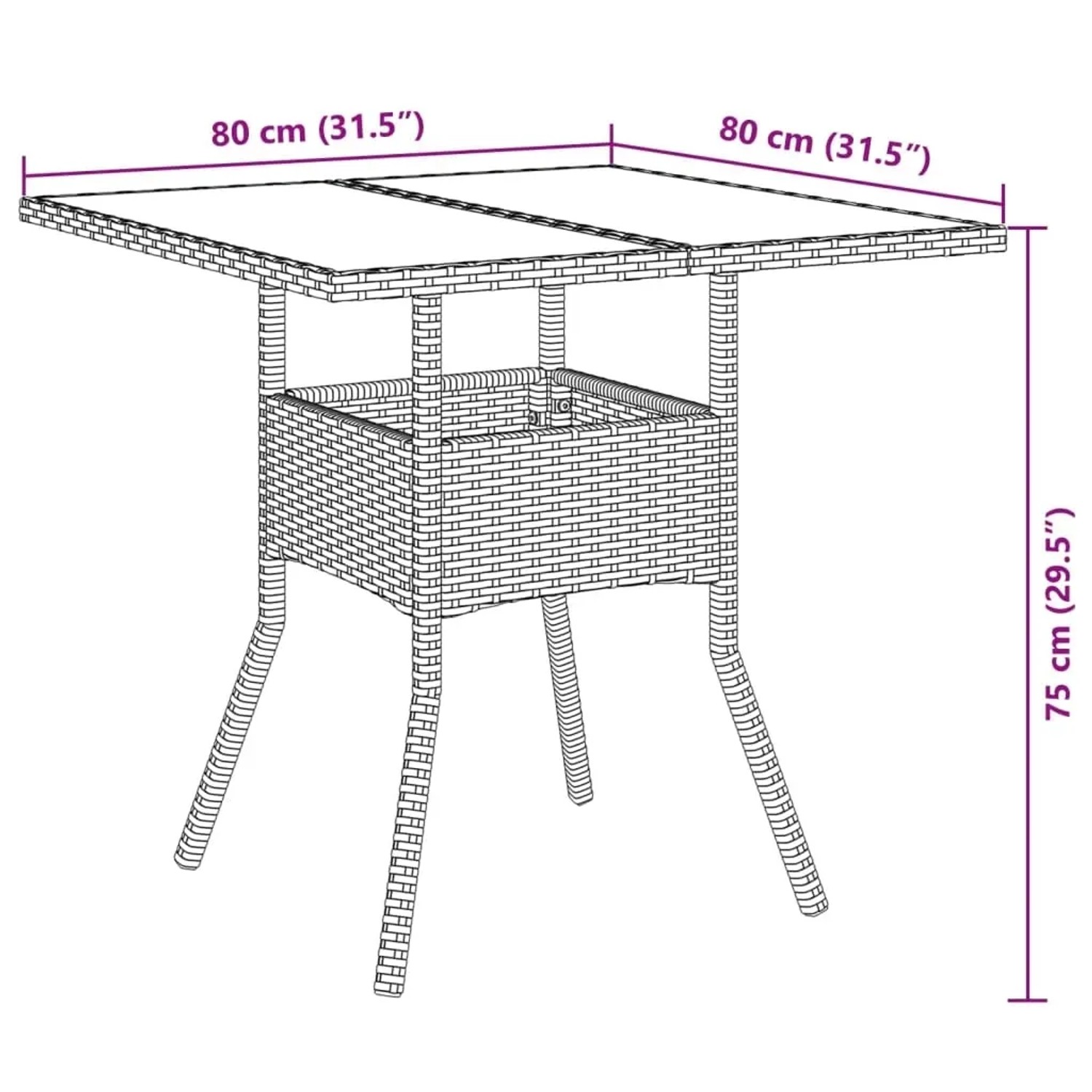 vidaXL Garten-Essgruppe, 3-teilig, schwarz, Poly Rattan, Akazie, Abmessungen