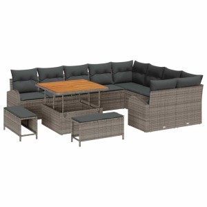 Graues 12-tlg. vidaXL Garten-Sofa-Set aus Poly Rattan mit Tisch und Kissen für Garten und Terrasse.