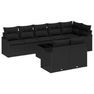 Schwarzes 9-teiliges vidaXL Garten-Sofa-Set aus Poly Rattan mit Kissen.