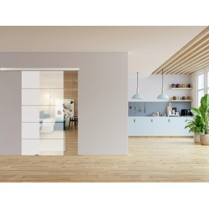 Novadoors Glasschiebetür Nova 503, satiniert, mit vier blickdichten Streifen. Lichtdurchlässig.