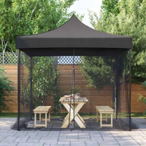 Schwarzes Moskitonetz für Pavillon, 300x300x200 cm, mit Tisch und Bänken im Garten.