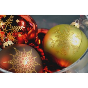 9-tlg. Set Krebs Glas Lauscha Weihnachtskugeln in Wald-Farben mit goldenen Schneeflocken, 8 cm.