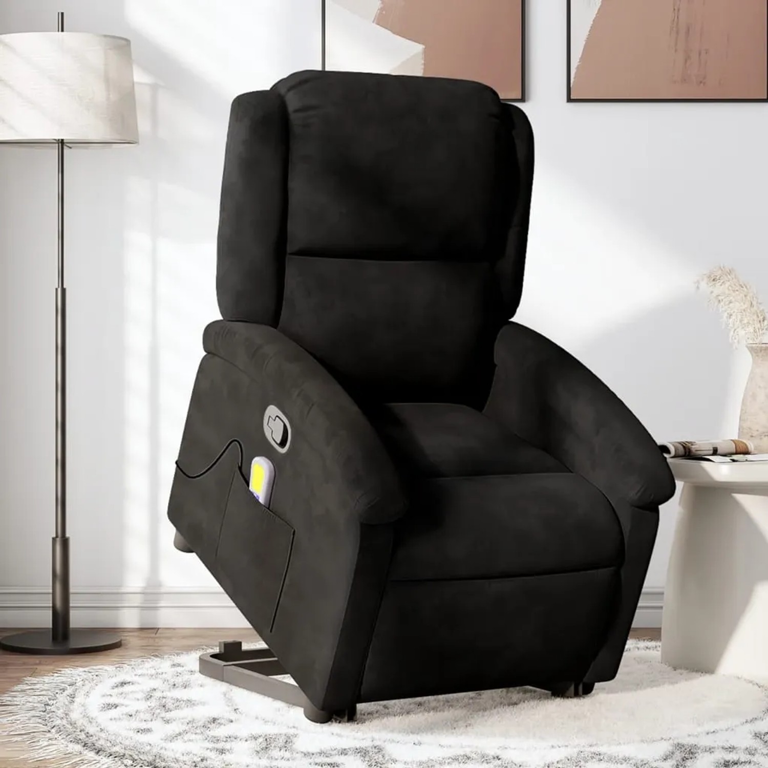 Schwarzer vidaXL Massagesessel mit Aufstehhilfe aus Samt, Relaxsessel für Senioren.