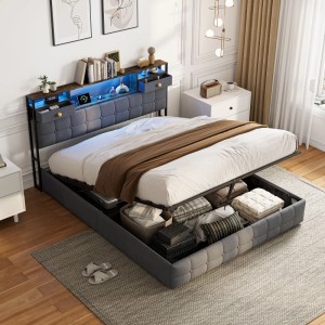 Graues Polsterbett 140x200 mit Stauraum, LED-Beleuchtung und USB-Anschluss. Jugendbett mit Bettkasten.