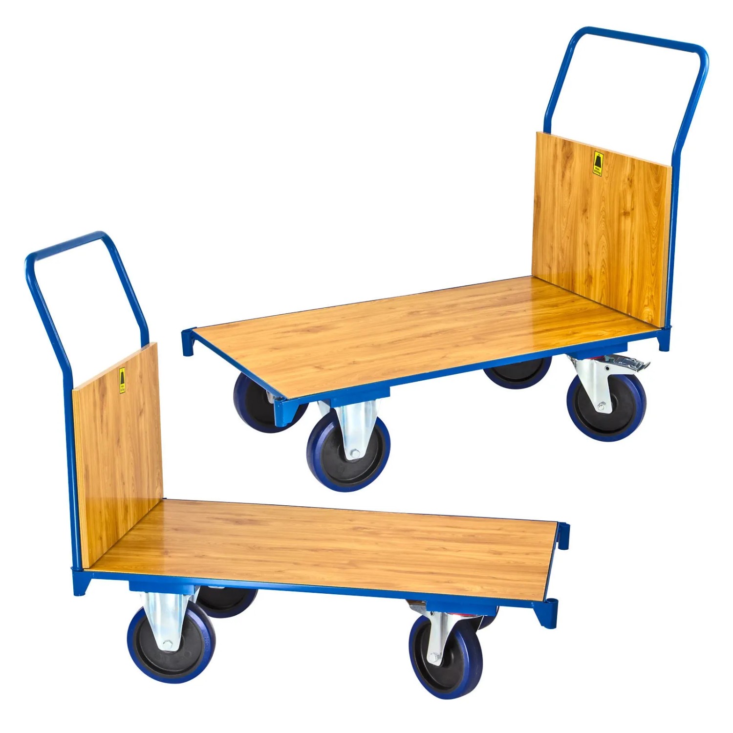PROREGAL Transportwagen Pro, lichtblau, mit Holzplatte und blauen Rädern. Ideal für Werkstatt und Lager.