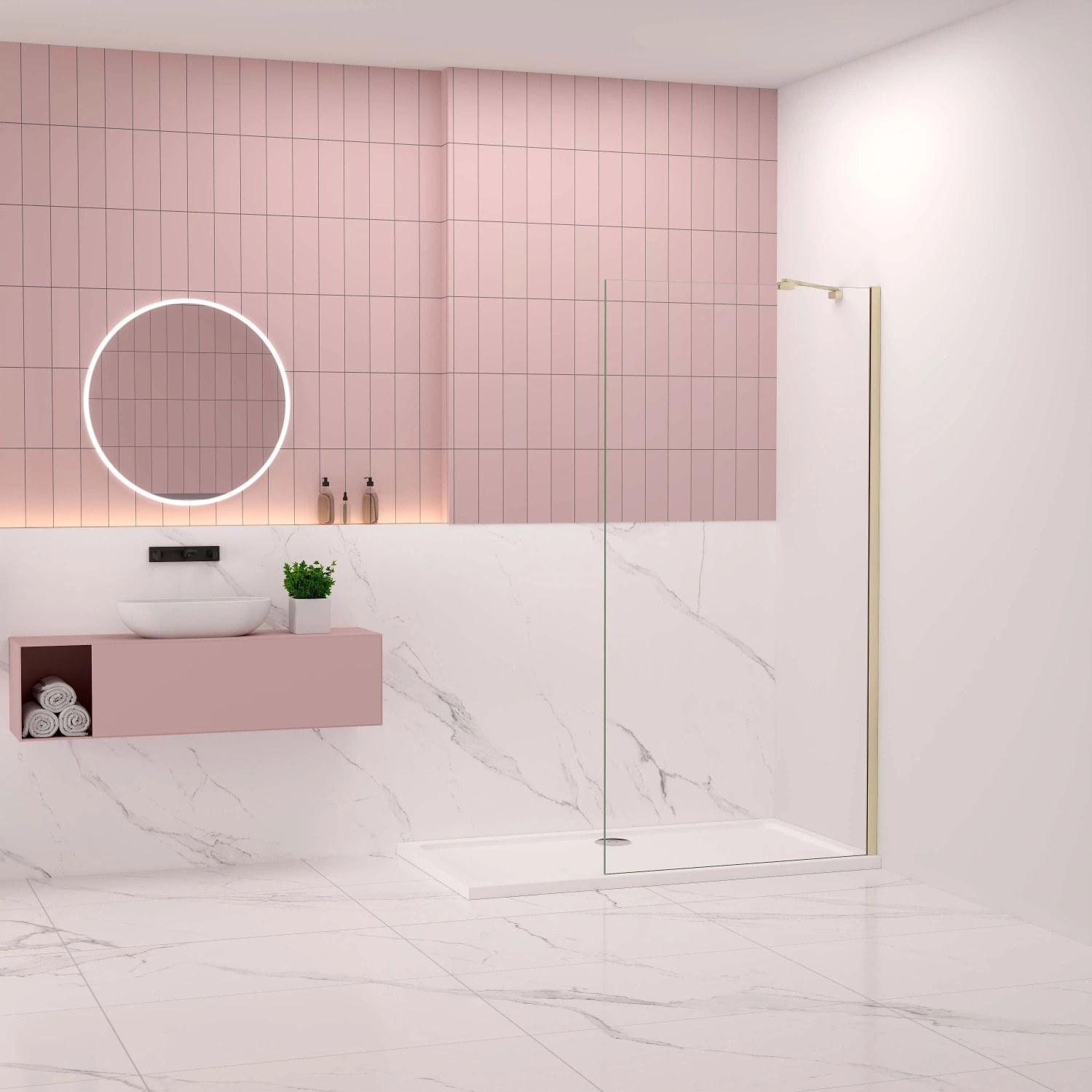 AICA Walk-In Dusche 70x200cm mit goldfarbenem Stabilisator in modernem Bad.