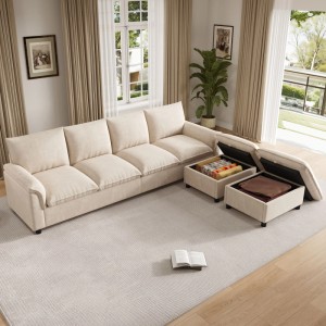 Beiges Merax Cloud Modularsofa aus Chenille mit zwei offenen Ottomanen und Stauraum im Wohnzimmer.