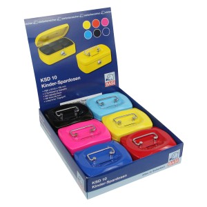 Bunte Basi Kinder-Spardosen KSD 10 im Verkaufsdisplay, farbig sortiert mit Tragegriff.