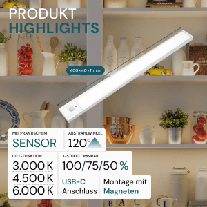 LUXULA LED Unterbauleuchte Akku CCT Warm -Kaltweiß Dimmbar Magnetische Schrankleuchte mit Bewegungsmelder Kabellos Küchenleiste Silber 40cm USB-C