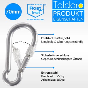 Toldoro Karabinerhaken, 70mm, Edelstahl V4A, mit Schraubverschluss. Rostfrei und ideal für Outdoor-Aktivitäten.