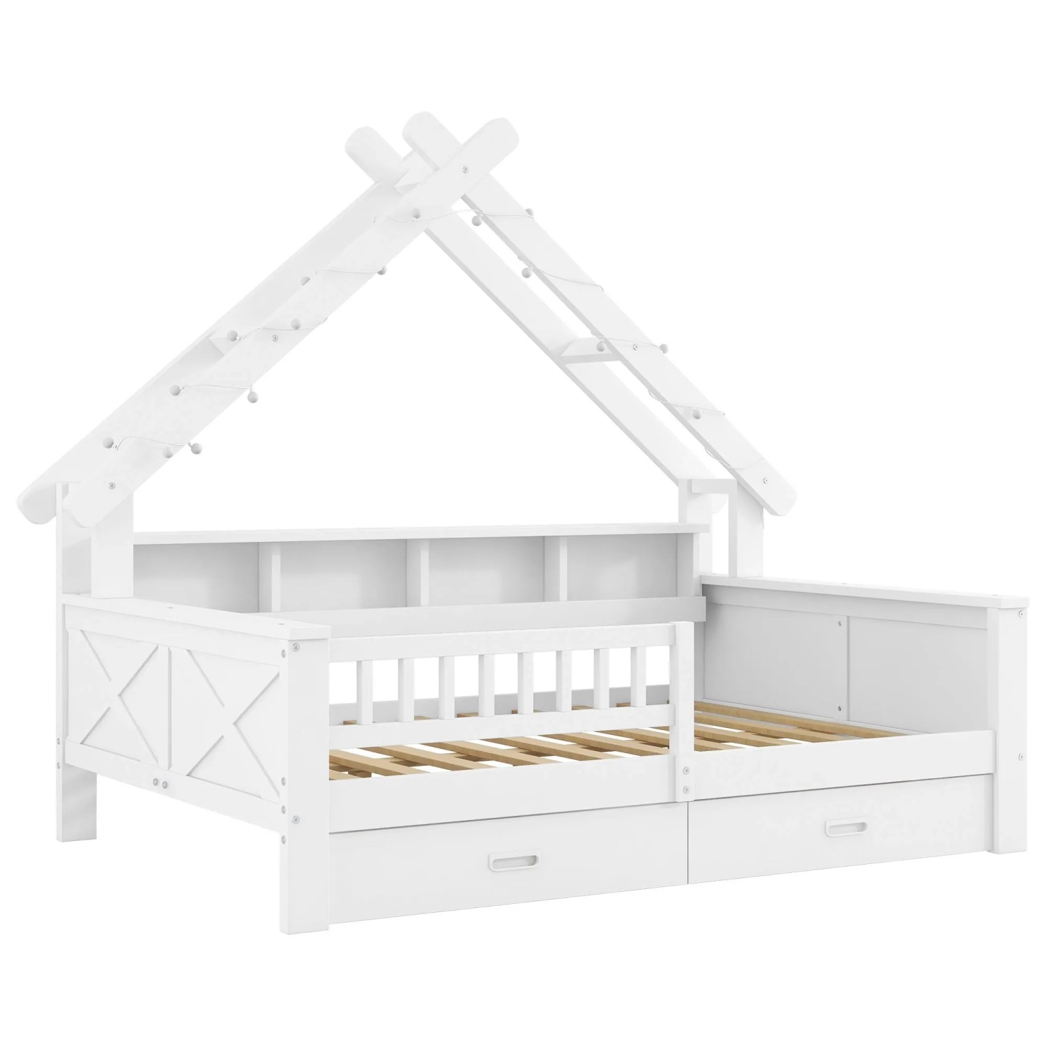 okwish Hausbett 140x200cm mit LED Schubladen Regal und Schutzgitter Weiß ohne Matratze