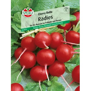 Samenpackung Sperli Radieschen Cherry Belle: Runde, rote Radieschen mit grünen Blättern.
