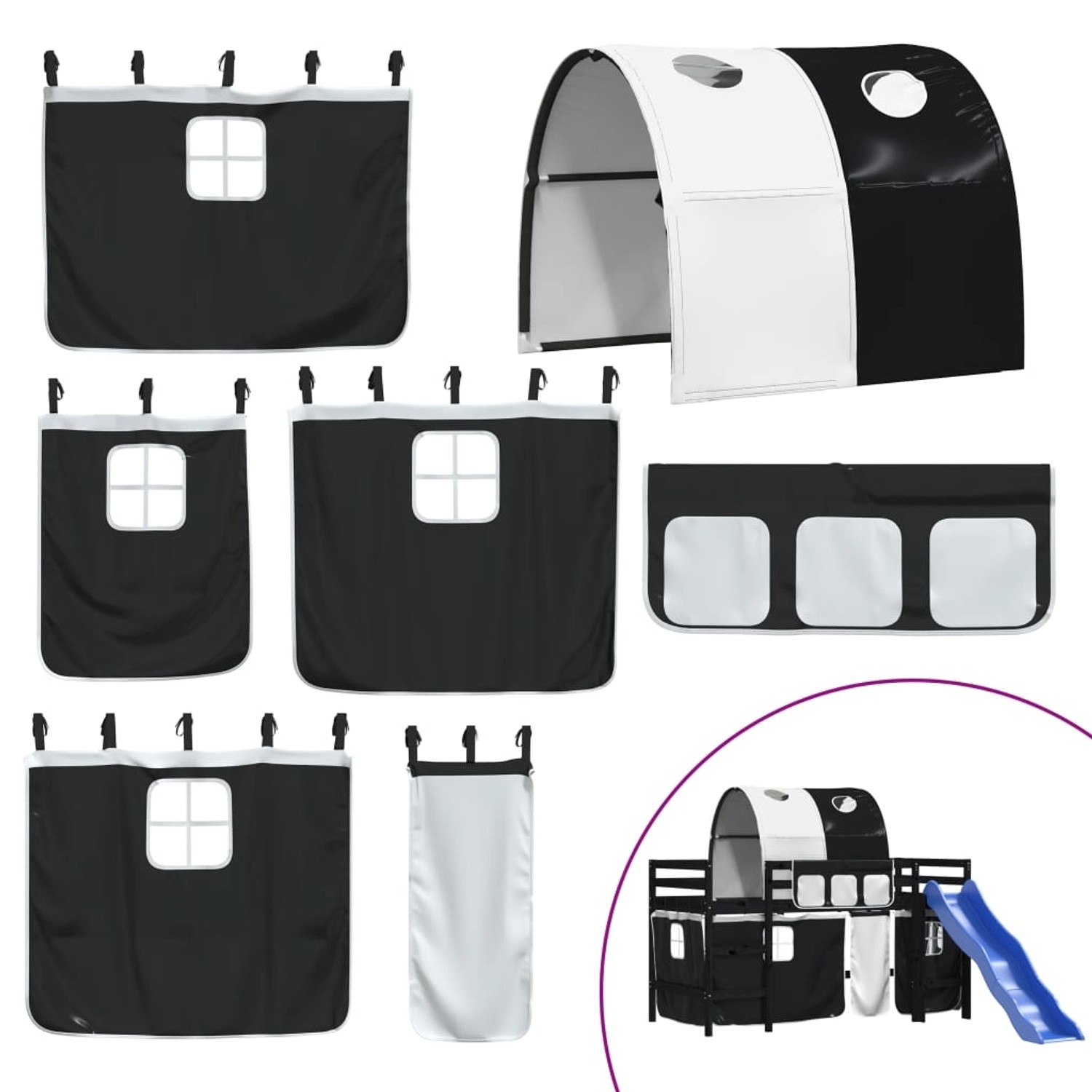 vidaXL Kinderhochbett Zubehör: Vorhänge und Tunnel in Schwarz-Weiß.