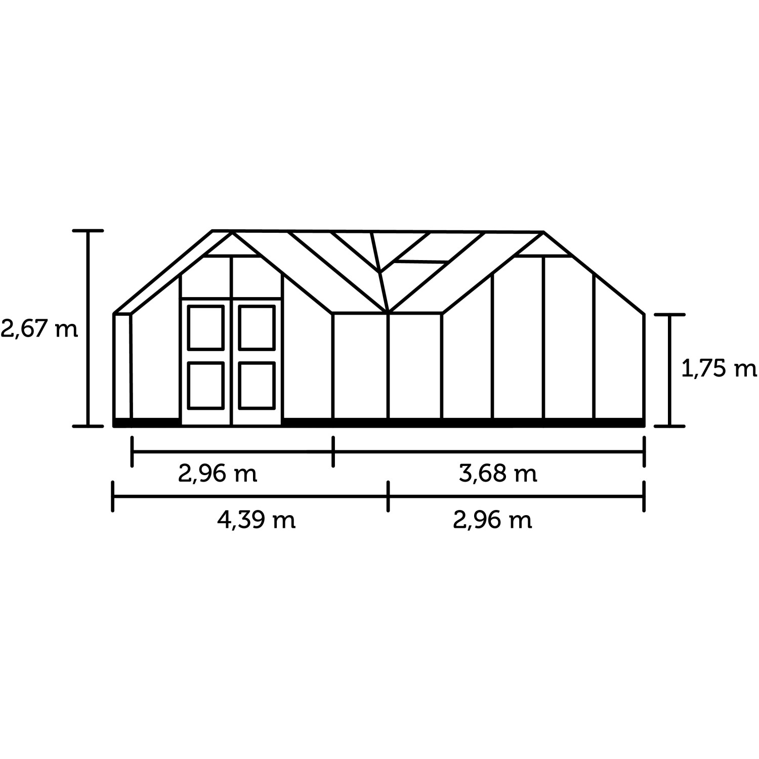 Technische Zeichnung Juliana Gewächshaus Orangerie 15, Maße: 267x296x439 cm.