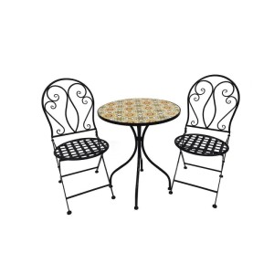 3-teiliges Bistro Set mit Mosaiktisch und klappbaren Eisenstühlen für Garten oder Balkon.